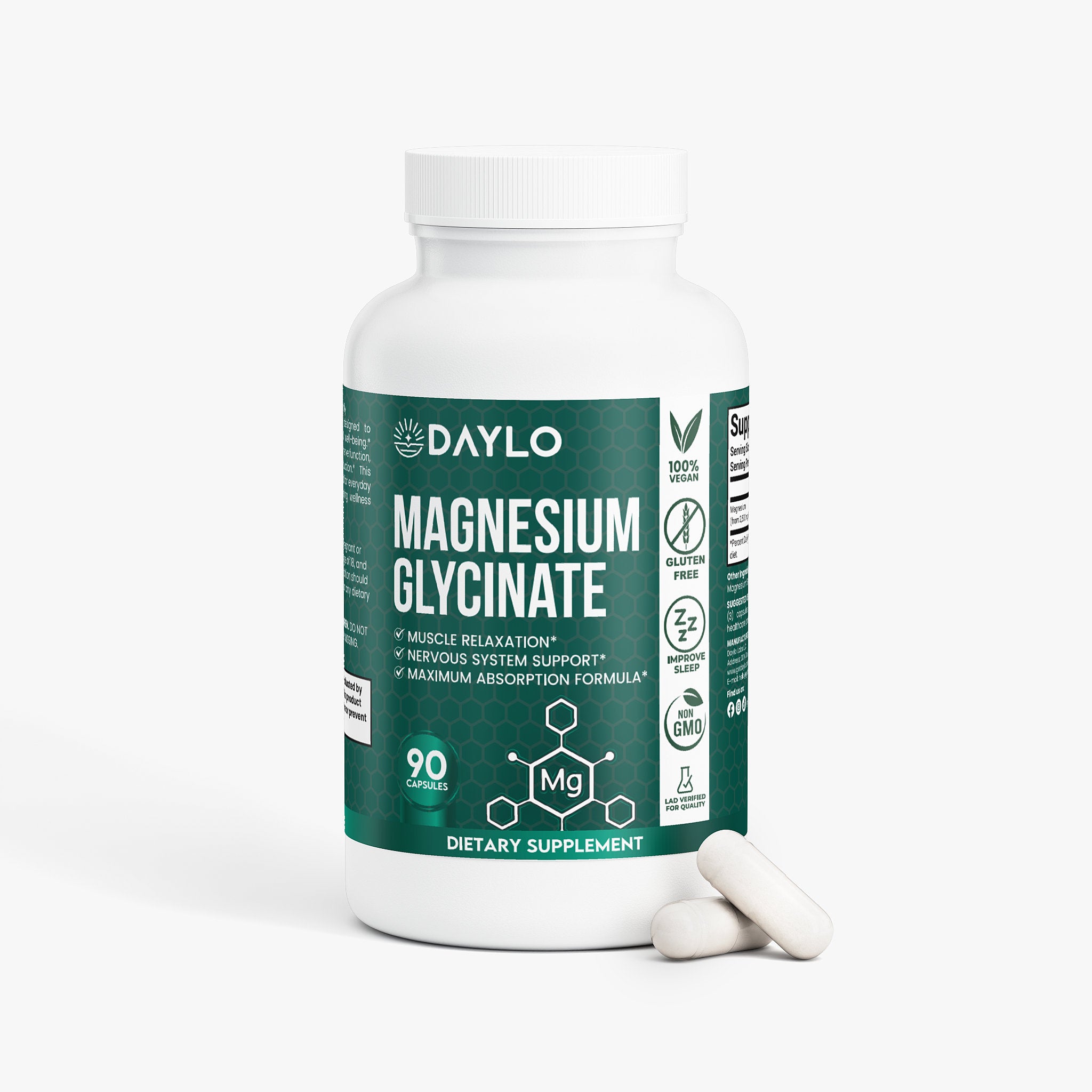 DAYLO Magnesium Glycinate supplement bottle side label